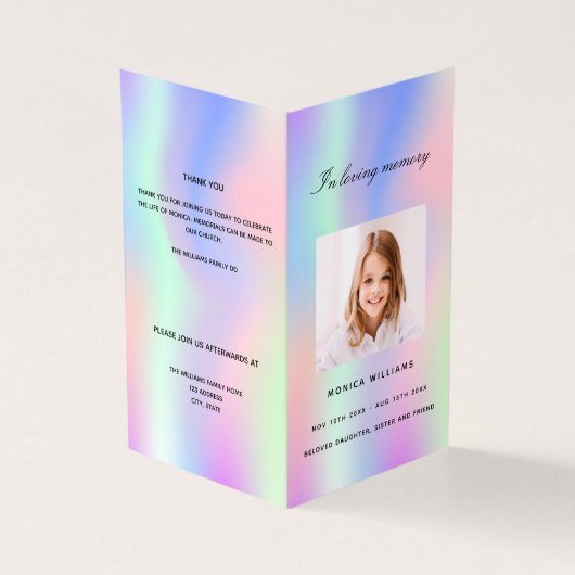 Rainbow-Pink lila Girl-Foto Beerdigung Programm (Vorderseite)