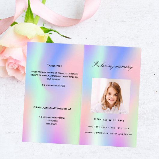 Rainbow-Pink lila Girl-Foto Beerdigung Programm