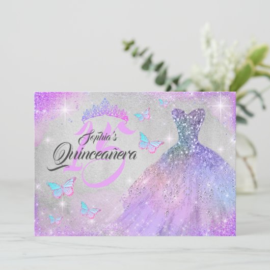 Rainbow Pink Lila Sparkenkleid Quinceanera Einladung (Stehend Vorderseite)