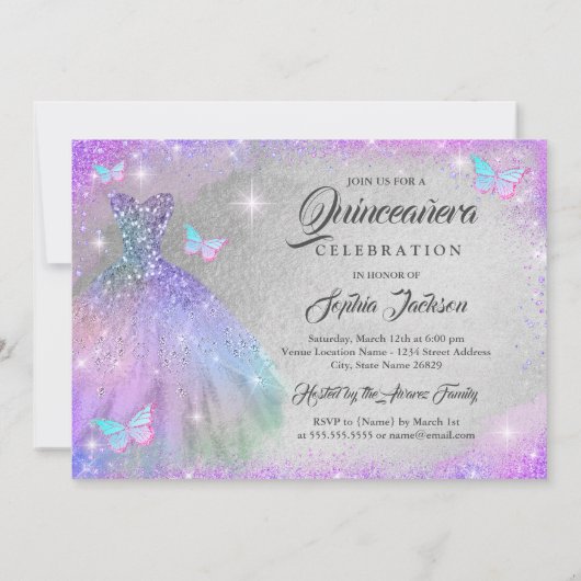 Rainbow Pink Lila Sparkenkleid Quinceanera Einladung (Rückseite)