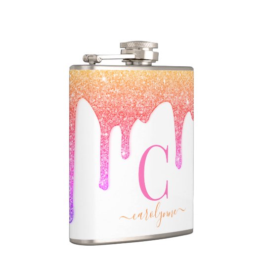 Rainbow Pink Peach Sparkone Glitzer Tropfen Monogr Flachmann (Rechts)