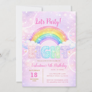 Rainbow Pink Purple Glitter Eight Birthday Party Einladung
