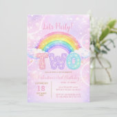 Rainbow Pink Purple Glitter Second Birthday Party Einladung (Stehend Vorderseite)