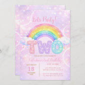 Rainbow Pink Purple Glitter Second Birthday Party Einladung (Vorne/Hinten)