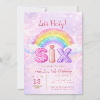 Rainbow Pink Purple Glitter Six Birthday Party Einladung