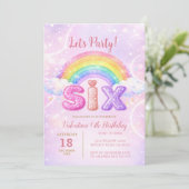 Rainbow Pink Purple Glitter Six Birthday Party Einladung (Stehend Vorderseite)