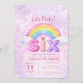 Rainbow Pink Purple Glitter Six Birthday Party Einladung (Vorne/Hinten)