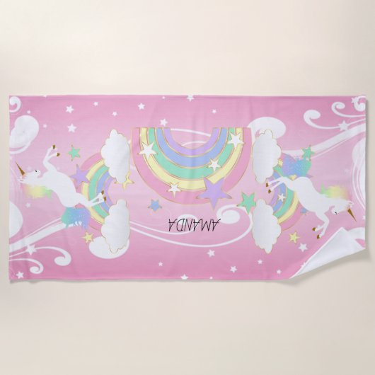 Rainbow Pink Unicorn Strandtuch (Vorderseite)