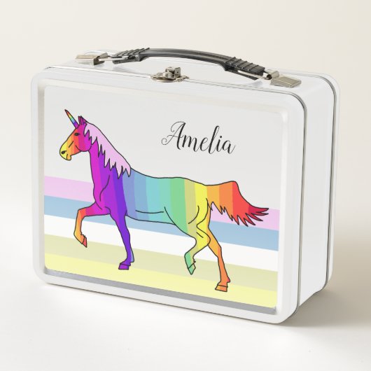 Rainbow Pink Unicorn Stripes Girl Metall Brotdose (Vorderseite)