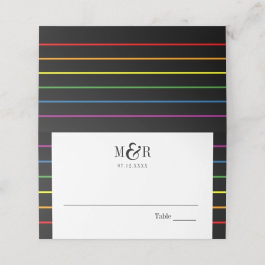 Rainbow Pinstripe Pride Wedding Border+ Platzkarte (Außenseite Aufgefaltet)
