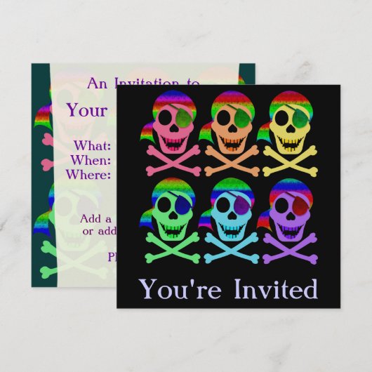 Rainbow Pirate Skulls Einladungen (Vorne/Hinten)
