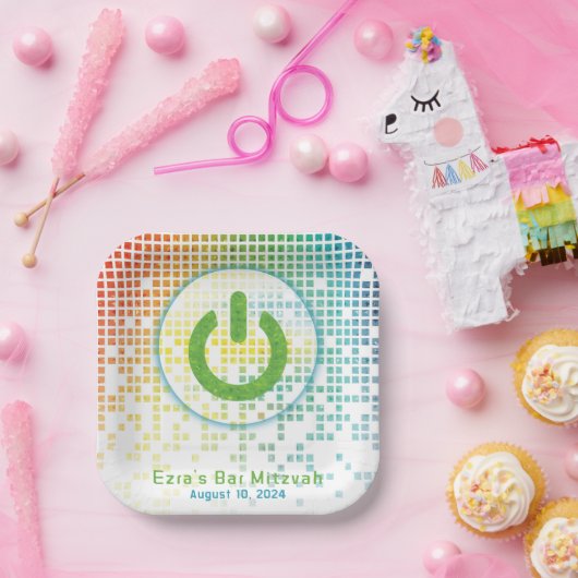 Rainbow Pixel Video Game Gamer Bar Mitzvah Pappteller (Party)