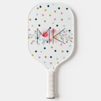 Rainbow Polka Dot Faux Gold Peony Monogram Pickleball Schläger