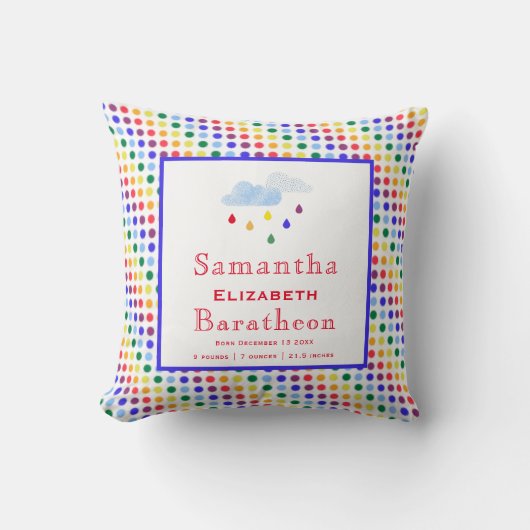 Rainbow Polka Dots Personalisiert Baby Birth Stat Kissen (Vorderseite)