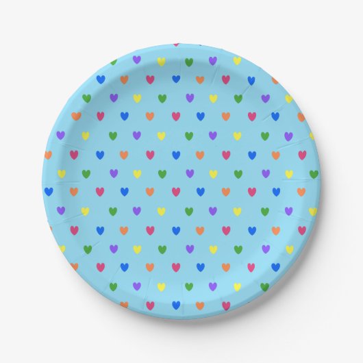 Rainbow-Polka-Herzen auf Babyblau Pappteller (Vorderseite)