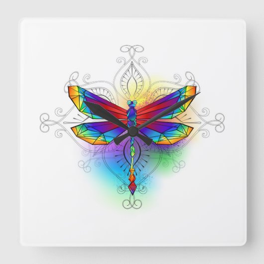 Rainbow Polygonal Dragonfly Quadratische Wanduhr (Vorderseite)