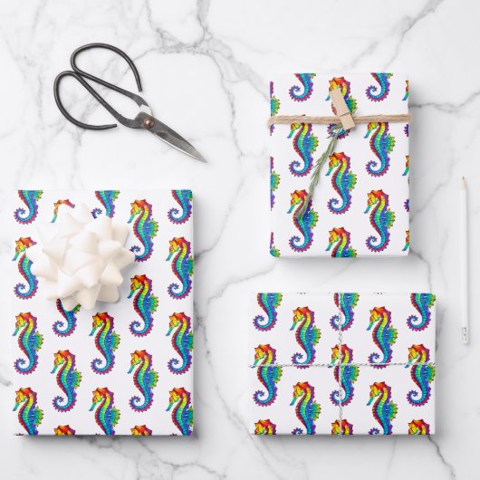 Rainbow Polygonal Seepferd Geschenkpapier Set (Vorderseite)