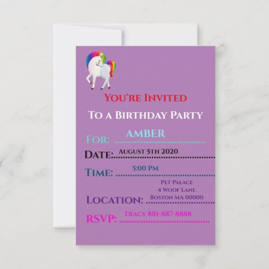 "RAINBOW PONY" PERSONALISIERTE GEBURTSTAGERINVITAT (Rückseite)