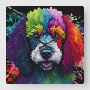 Rainbow Poodle Watercolor Quadratische Wanduhr