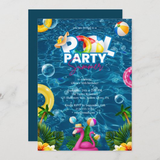 Rainbow Pool Party Birthday Invitation Einladung (Vorne/Hinten)
