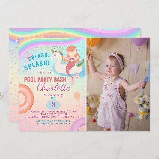 Rainbow Pool Party Unicorn Mermaid Birthday Foto Einladung (Vorne/Hinten)