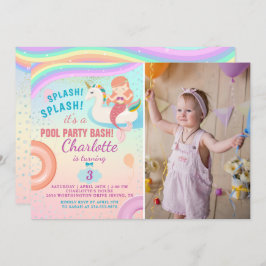 Rainbow Pool Party Unicorn Mermaid Birthday Foto Einladung