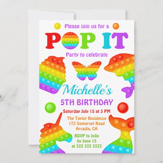 Rainbow Pop It Fidget Toy Birthday Party Einladung (Vorderseite)