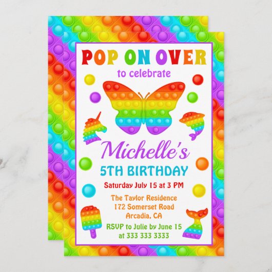 Rainbow Pop It Fidget Toy Birthday Party Einladung (Vorne/Hinten)