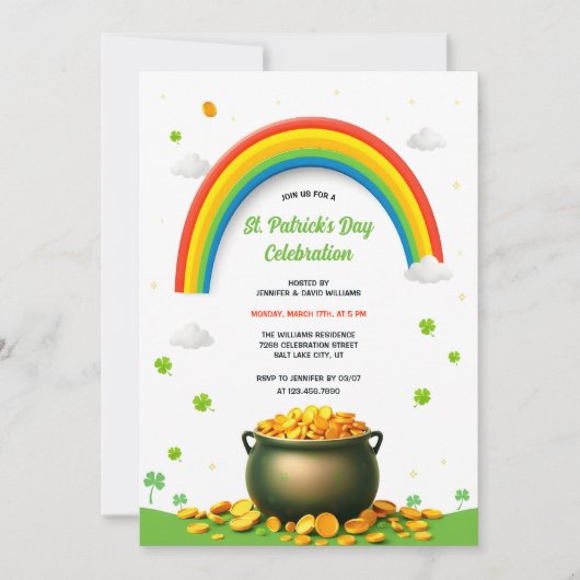 Rainbow Pot of Gold Kleeblatt Fun St Patricks Day Einladung (Vorderseite)