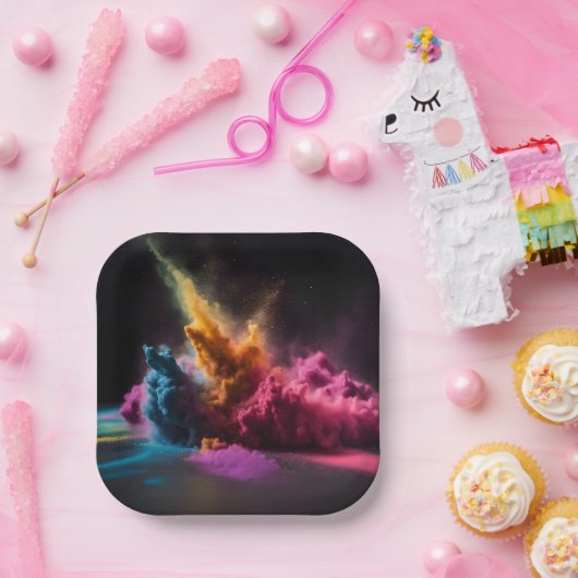 Rainbow Powder blast auf schwarz Pappteller (Party)