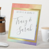 Rainbow Pride Gold Frame Wedding Save the Date Sockelschild (In Situ)