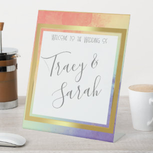 Rainbow Pride Gold Frame Wedding Save the Date Sockelschild