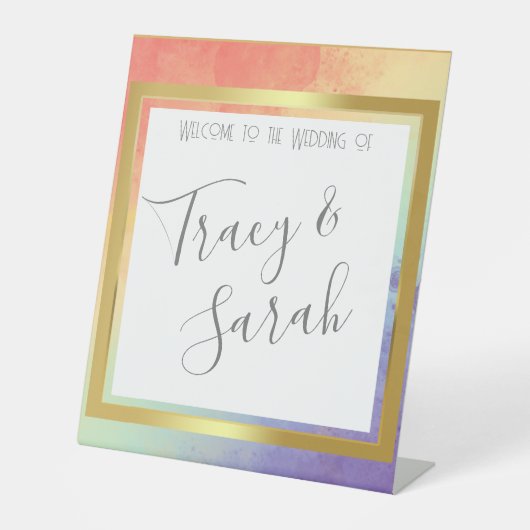 Rainbow Pride Gold Frame Wedding Save the Date Sockelschild (Vorderseite)