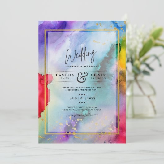 RAINBOW PRIDE WEDING INVITATION Tinte LeahG Einladung (Stehend Vorderseite)