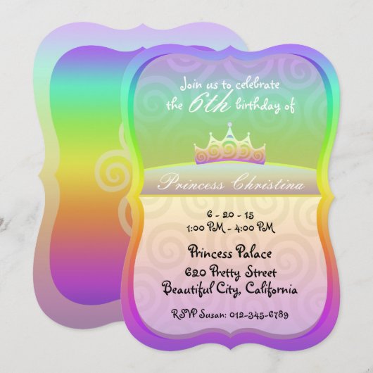 Rainbow Princess Crown Spirals Geburtstag Einladung (Vorne/Hinten)