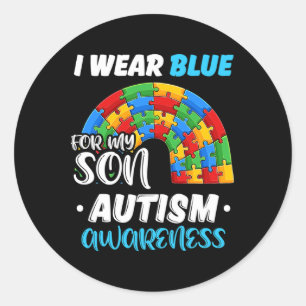 Rainbow Puzzle Autism Ich trage Blau für Sohn Auti Runder Aufkleber