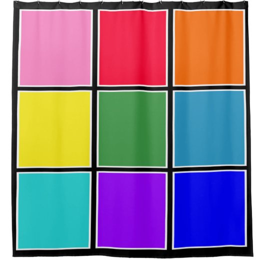 Rainbow-Quadrate auf schwarz Duschvorhang (Vorderseite)