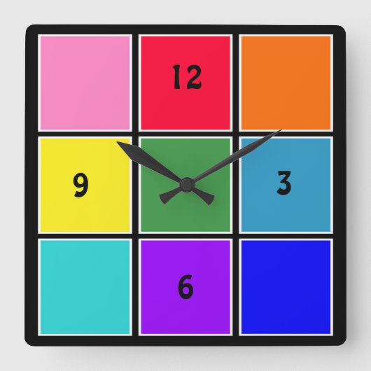 Rainbow-Quadrate auf schwarz Quadratische Wanduhr (Vorderseite)