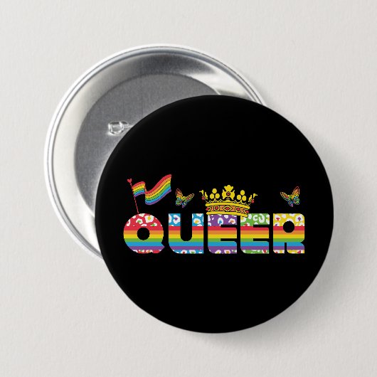 Rainbow Que Crown mit Flag und Schmetterlingen Button (Vorne & Hinten)