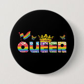 Rainbow Que Crown mit Flag und Schmetterlingen Button (Vorderseite)