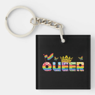 Rainbow Que Crown mit Flag und Schmetterlingen Schlüsselanhänger