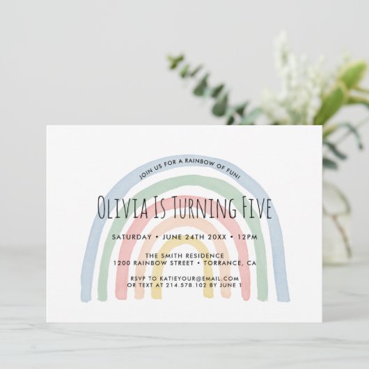 Rainbow Rainbow 5. Geburtstag Einladung (Stehend Vorderseite)