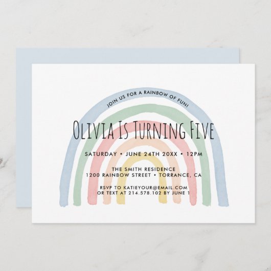Rainbow Rainbow 5. Geburtstag Einladung (Vorne/Hinten)