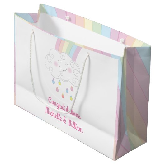 Rainbow Raindrop Kinderdusche Sprinkle Große Geschenktüte (Vorderseite Schrägansicht)