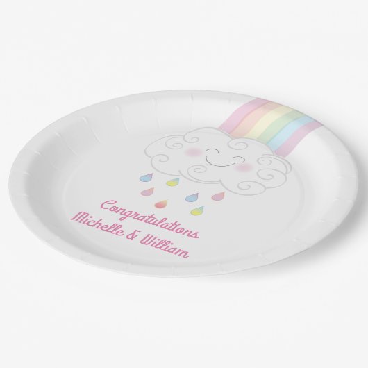 Rainbow Raindrop Kinderdusche Sprinkle Pappteller (Schrägansicht)