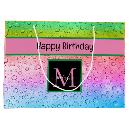 Rainbow Raindrops Monogram Birthday Große Geschenktüte (Rückseite)