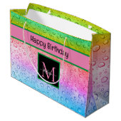 Rainbow Raindrops Monogram Birthday Große Geschenktüte (Rückseite Schrägansicht)