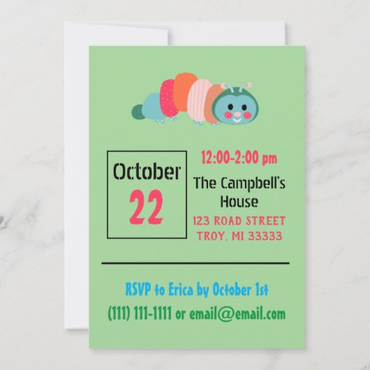Rainbow Raupe Niedlich Erster Geburtstag Einladung (Rückseite)