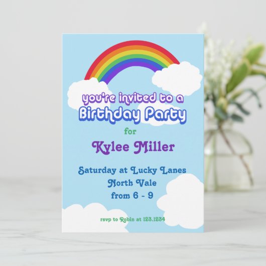 Rainbow Retro Birthday Invite Einladung (Stehend Vorderseite)
