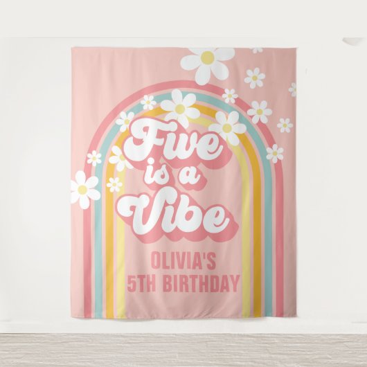 Rainbow Retro Five ist ein Vibe Groovy 5. Geburtst Wandteppich (Vorderseite)